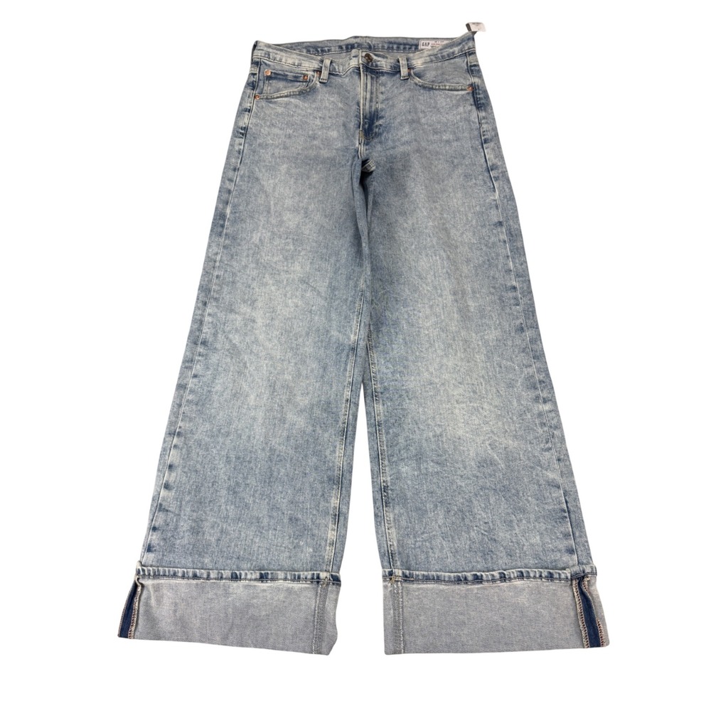 Gap High Rise Stride Wide Leg Cuffed Jeans Light Acid Wash 32/14 R NEW